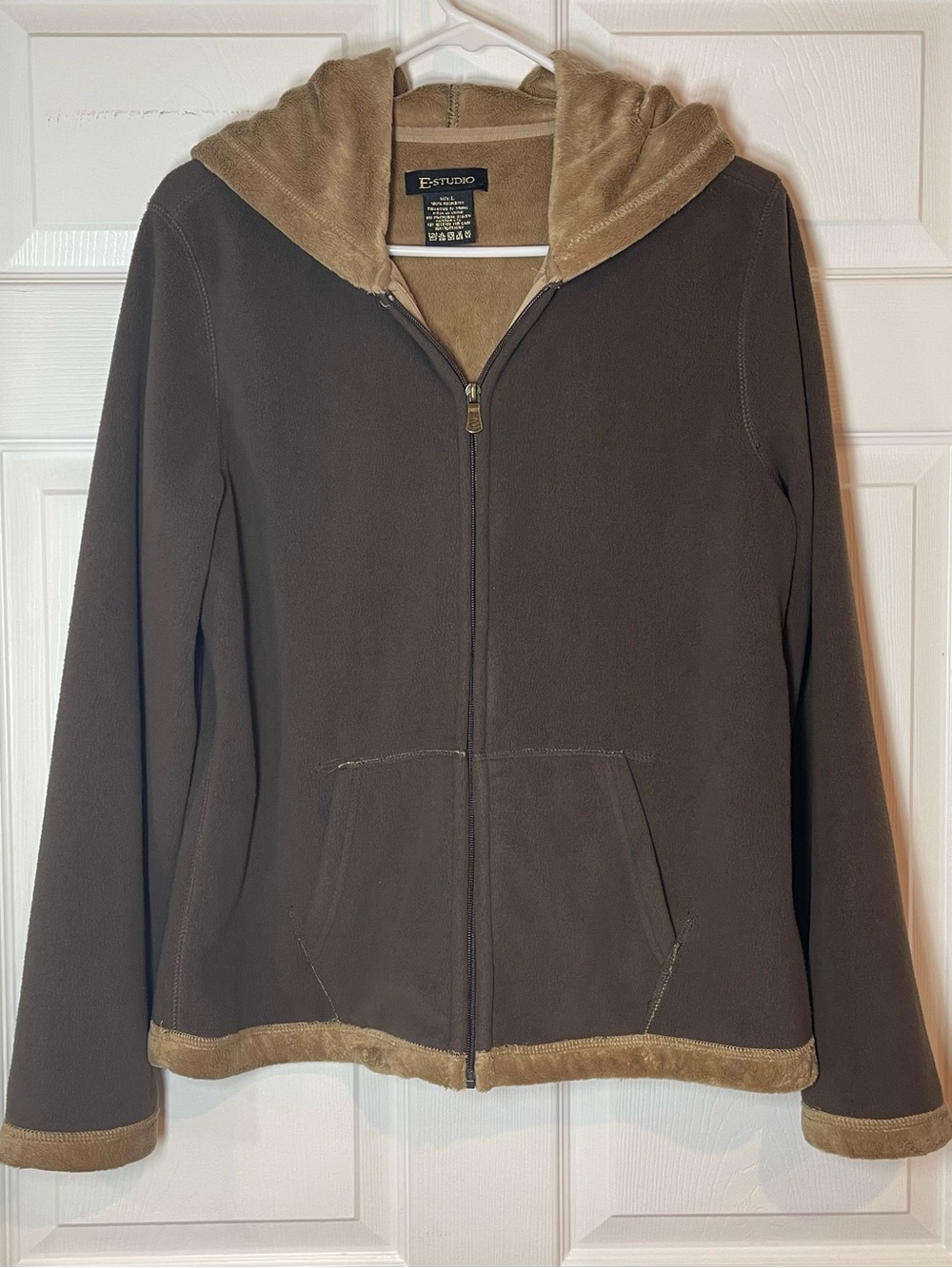 Women's Large Brown Fleece Faux Fur Trimmed Full Zip Lined Hoodie Y2K - E-Studio
